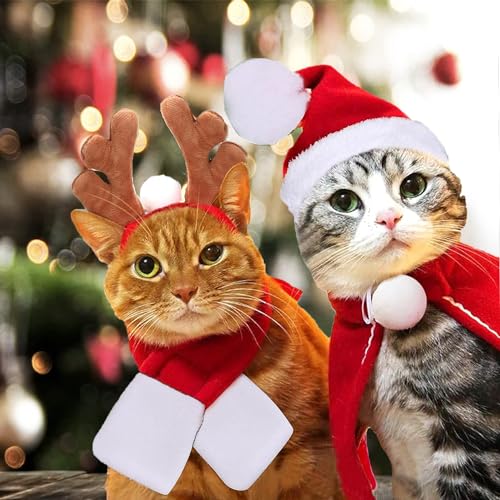 4 Stück Katzen-Weihnachtsmütze mit Schal, Haustier Weihnachtsmütze, Katzen Hunde Weihnachtskostüm, Weihnachtsmann-Mütze, Schal, Geweih, Verstellbarer Kragen, Fliege für Hunde, Katzen, Welpen(L) von BUKYCAT