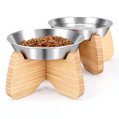 BULANGDE Flache Katzennapf Erhöht Edelstahl mit Bambus Ständer,Futternapf Fressnapf Wassernapf Katze Katzenschüssel Elevated Cat Bowl für Katzen Hunde mit Holz rutschfest Station (2er) von BULANGDE