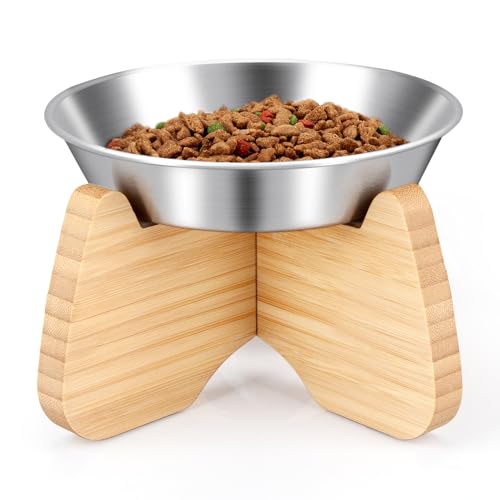 BULANGDE Flache Katzennapf Erhöht Edelstahl mit Bambus Ständer,Futternapf Fressnapf Wassernapf Katze Katzenschüssel Elevated Cat Bowl für Katzen Hunde mit Holz rutschfest Station (1er) von BULANGDE