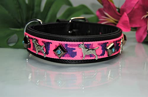 Bullterrier Lederhalsband schwarz/Pink-Tarn, Kristall 50cm x 4cm von BULLYZEI