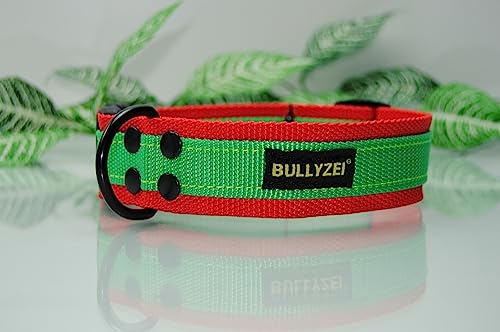 breites Nylon Halsband 4cm Rot - Streifen Grün, Security-Lock, Bulldogge Retriever Malinois Boxer von BULLYZEI