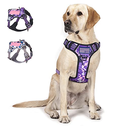 BUMBIN Taktisches Hundegeschirr für große Hunde Kein Ziehen, Fit Smart Reflektierendes Haustier Walking Harness für Training, Verstellbare Hundeweste Geschirr mit Griff Lila L von BUMBIN