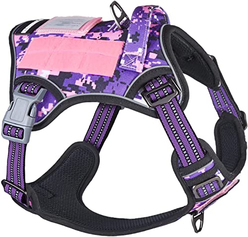 BUMBIN Taktisches Hundegeschirr für große Hunde Kein Ziehen, Fit Smart Reflektierendes Haustier Walking Harness für Training, Verstellbare Hundeweste Geschirr mit Griff Lila XL von BUMBIN