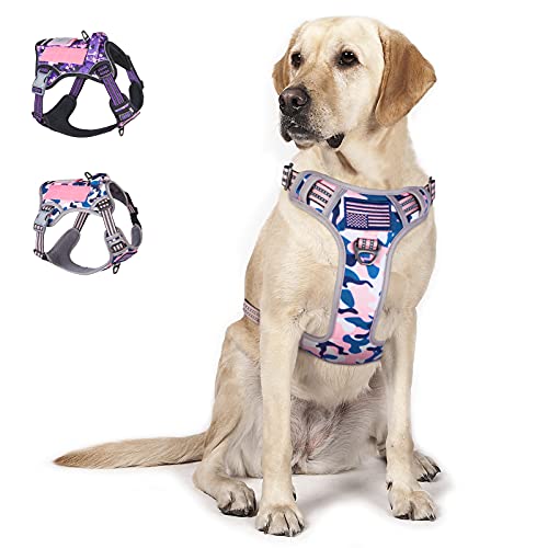 BUMBIN Taktisches Hundegeschirr für große Hunde Kein Ziehen, Fit Smart Reflektierendes Haustier Walking Harness für Training, Verstellbare Hundeweste Geschirr mit Griff Pink XL von BUMBIN