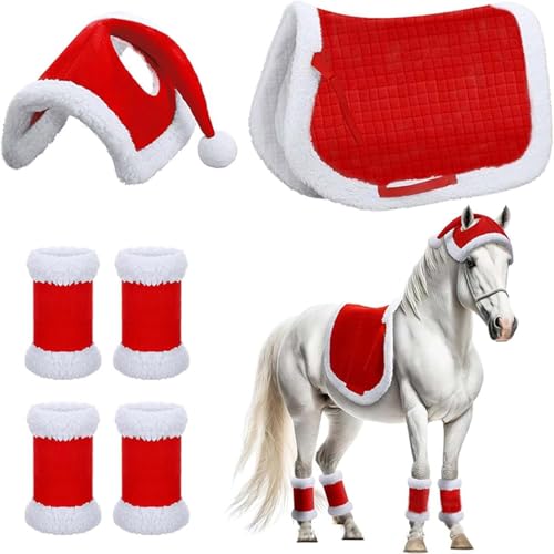 BUNQQF Weihnachtskostüm für Pferde zum Tragen, 6PCS/Set Christmas Horse Saddler mit Santa Hat & Horse Bein Wraps, weiches Plüschpferd Weihnachtskostüm für Weihnachten Urlaub, Party von BUNQQF