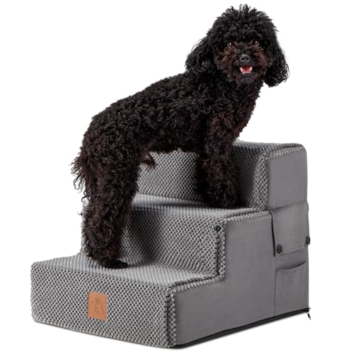 Hundetreppe für kleine Hunde, breite Hundetreppe für Couch und Bett, 3 Stufen Hunderampe für Auto 35,6 cm H für mittelgroße/kleine Hunde und alte Katzen, rutschfeste faltbare Haustiertreppe Tragbare von BUPPLEE