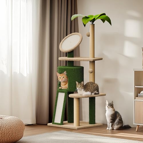 Kratzbaum für Indoor-Katzen mit grünen Blättern, niedlicher Katzenturm mit mehrstöckigen Kratzbaum, Hängematte, baumelnder Ballständer, Haus, Kätzchen, Haustierspielhaus, 127 cm, Grün von BUPPLEE