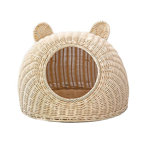 BURLOE Katzenbett Aus Korbgeflecht Kunststoff Für Hauskatzen, Niedliche Katzenohr Katzenbetthöhle Handgewebtes Halbgeschlossenes Katzenhaus Rattan,Beige,22cm von BURLOE