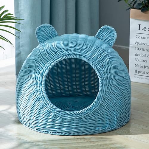 BURLOE Katzenbett Aus Korbgeflecht Kunststoff Für Hauskatzen, Niedliche Katzenohr Katzenbetthöhle Handgewebtes Halbgeschlossenes Katzenhaus Rattan,Blau,22cm von BURLOE