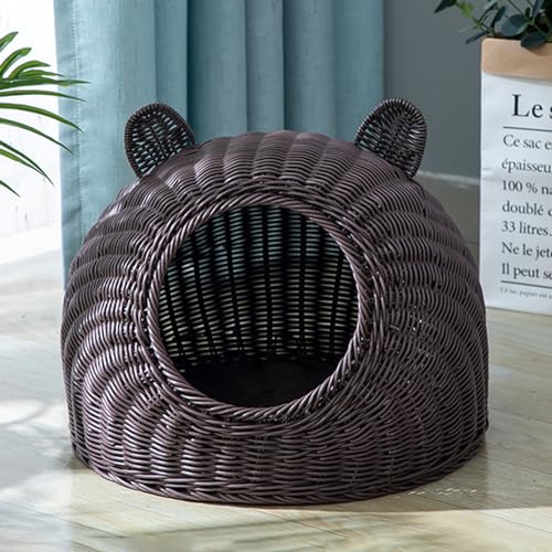 BURLOE Katzenbett Aus Korbgeflecht Kunststoff Für Hauskatzen, Niedliche Katzenohr Katzenbetthöhle Handgewebtes Halbgeschlossenes Katzenhaus Rattan,Braun,22cm von BURLOE