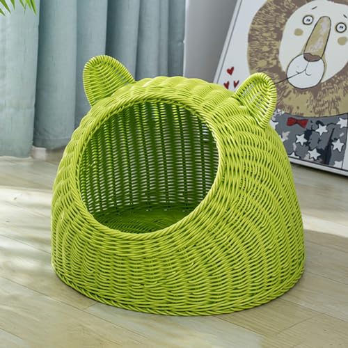 BURLOE Katzenbett Aus Korbgeflecht Kunststoff Für Hauskatzen, Niedliche Katzenohr Katzenbetthöhle Handgewebtes Halbgeschlossenes Katzenhaus Rattan,Grün,22cm von BURLOE