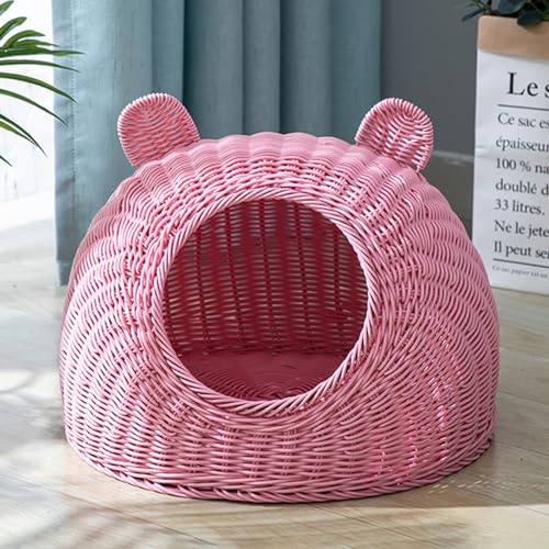 BURLOE Katzenbett Aus Korbgeflecht Kunststoff Für Hauskatzen, Niedliche Katzenohr Katzenbetthöhle Handgewebtes Halbgeschlossenes Katzenhaus Rattan,Rosa,22cm von BURLOE