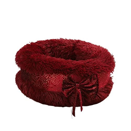 BUUNHI Hundebett Niedliches Katzenbett Haustier Hund warmes Bett rundes Haus weiches langes Plüschbett Hundekorb Tiere Schlafbett Hundematte (Color : Wine Red, Size : Diameter 80CM) von BUUNHI