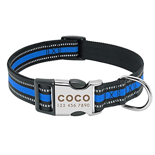 Hundeleine Benutzerdefinierte Haustier Hundehalsband Leine Reflektierende Welpenhalsbänder Mittelgroßes Hundehalsband Gravieren Sie den Namen Verstellbare Führleine (Color : Blue, Size : L) von BUUNHI