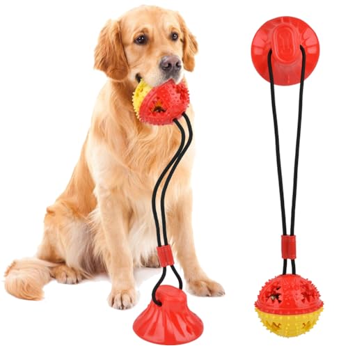 BUYGOO Hundespielzeug mit Saugnapf, Hunde Molar mit Saugnapf Kauseil Ball Pet Spielzeug Hund Zahnbürste Spielzeug für Hund Ziehen, Kauen, Spielen - Rot und Gelb von BUYGOO