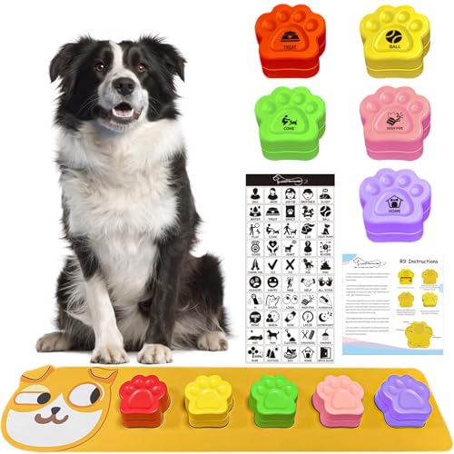 BUYVIKAY Satz von 5 Farben Hunde Button mit Gummimatte für Kommunikation Dog Buttons Hund Button Bunte Hundeknöpfe, Sprechende Hundeknöpfe, Haustier Trainingsknop Set von BUYVIKAY