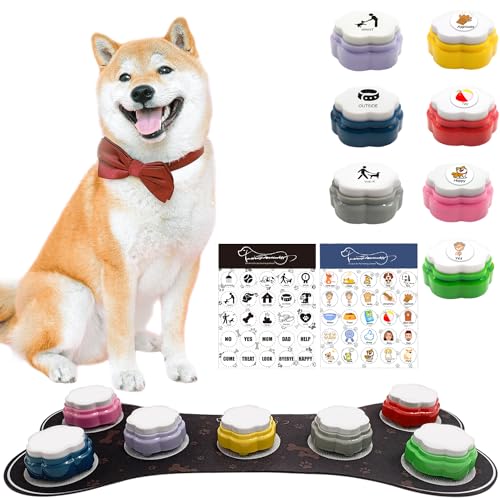 BUYVIKAY Hundetasten für Kommunikation-7-Pcs Hund sprechende Knopf Set,Farben Hundeknöpfe,Hunde Button sprechende Taste für Hunde mit wasserdichter Anti-Rutsch Hund Knopfmatte und 50 Szene Aufkleber von BUYVIKAY