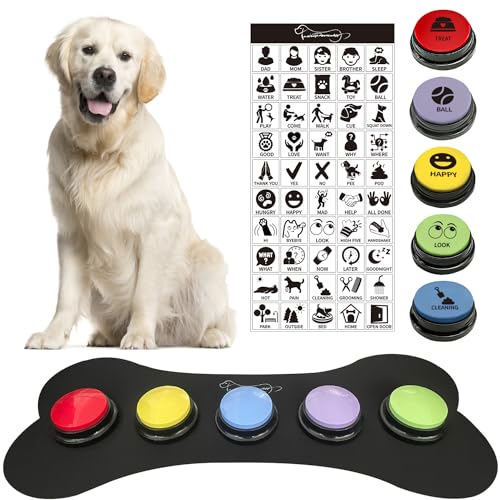 BUYVIKAY Satz von 5-Farben-Hunde Button mit Gummimatte für Kommunikation, Hund sprechende Tasten mit 50-Aufklebern, Haustier-Tasten, trainieren Sie Ihren Hund, um zu sagen von BUYVIKAY