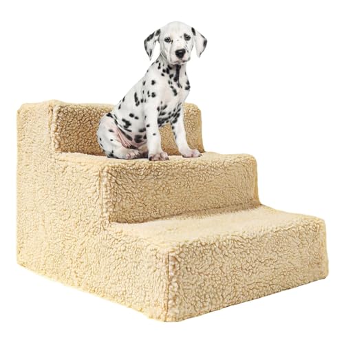 BWCKMTSC 3-stufige, leichte Haustiertreppe für Hunde und Katzen, maschinenwaschbarer Bezug, Hundetreppe für hohe Betten und Sofas, hält bis zu 22,7 kg,A von BWCKMTSC