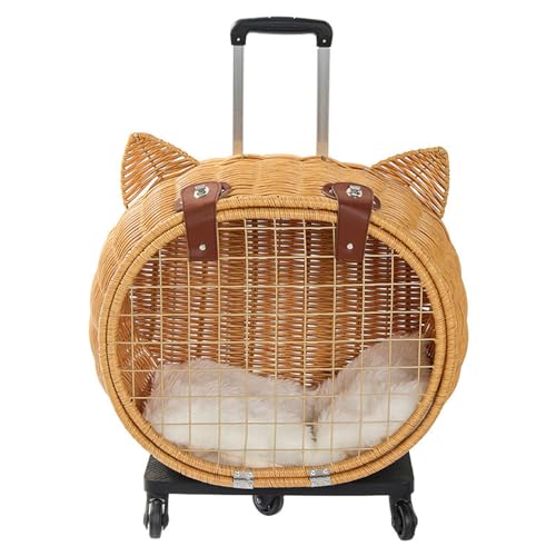 BWCKMTSC BWCKMTSC Imitation Rattan Cat Carrier Puppy Dog Trolley Pet Travel Bag Wicker Cat Shaped Pet Bubble Trolley Case mit Rädern für Wandern, Spazierengehen und Outdoor,A von BWCKMTSC