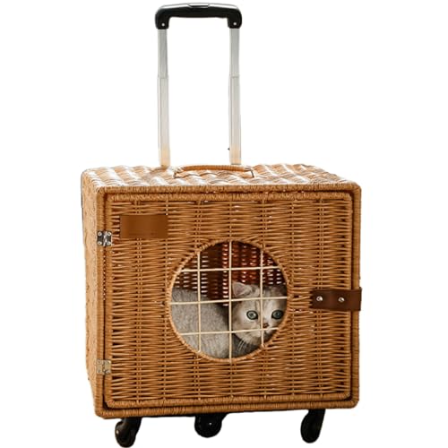 BWCKMTSC BWCKMTSC Imitation Rattan Cat Carrier Puppy Dog Trolley Pet Travel Bag Wicker Cat Shaped Pet Bubble Trolley Case mit Rädern für Wandern, Spazierengehen und Outdoor,B von BWCKMTSC