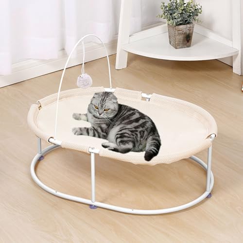 BWCKMTSC Erhöhtes Katzenbett für Hauskatzen, atmungsaktive, waschbare Katzenhängematte, Haustierzubehör, freistehendes, stabiles, abnehmbares Haustierbett mit baumelndem Ball, Beige von BWCKMTSC