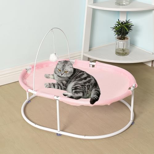 BWCKMTSC Erhöhtes Katzenbett für Hauskatzen, atmungsaktive, waschbare Katzenhängematte, Haustierzubehör, freistehendes, stabiles, abnehmbares Haustierbett mit baumelndem Ball, Rosa von BWCKMTSC