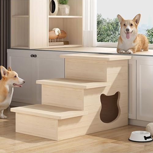 BWCKMTSC Haustiertreppe, Holz-Hundetreppe, Stufen für kleine Hunde und Katzen, multifunktionale, mehrstufige, rutschfeste Hunderampe für Haustiere zum EIN- und Aussteigen aus den hohen Betten,A,M von BWCKMTSC