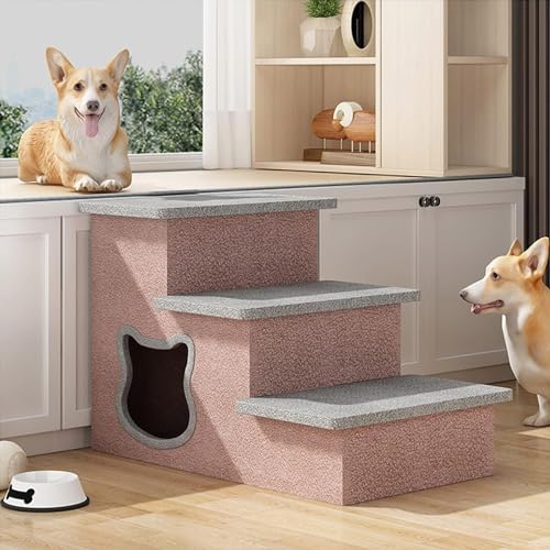 BWCKMTSC Haustiertreppe, Hundetreppe aus Holz für kleine Hunde und Katzen, multifunktionale, mehrstufige, rutschfeste Hunderampe für Haustiere zum EIN- und Aussteigen aus den hohen Betten, B, M von BWCKMTSC