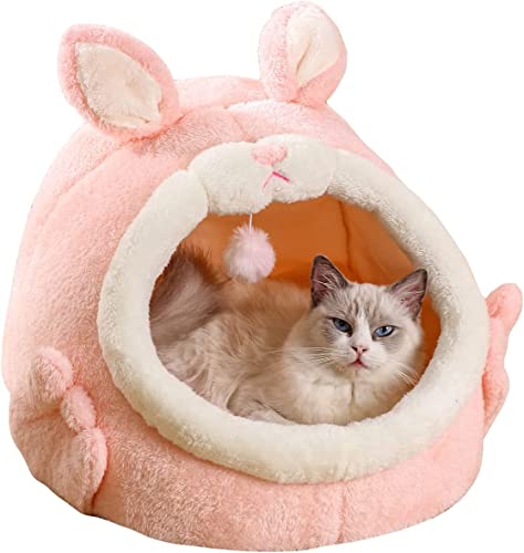 BWCKMTSC Katzenbett für Hauskatzen, Katzenzelt, Plüschhaus, Kaninchen-Design, Kätzchenbett mit Pompon, niedliche weiche Katzenhöhle, Rosa, M von BWCKMTSC