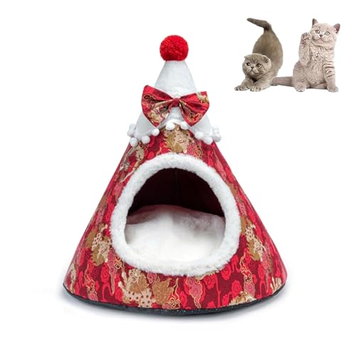 BWCKMTSC Katzenbetthöhle, Weihnachtsbaum-förmige Katzenhöhle, weihnachtliche Katzenhäuser für Hauskatzen, halbgeschlossenes Katzenhauszelt mit abnehmbarem Kissen, niedliche Haustierhöhlenbetten für von BWCKMTSC