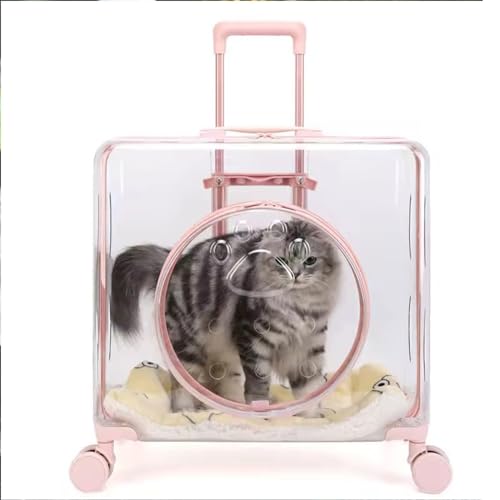 BWCKMTSC Transparente Luftpolster-Katzentrage mit Rädern, Freely Breathe Reise-Hundetransportbox mit Matten, Harte Katzentransportbox, leichte rollende Katzentransportbox für Katzen und Hunde, Pink von BWCKMTSC