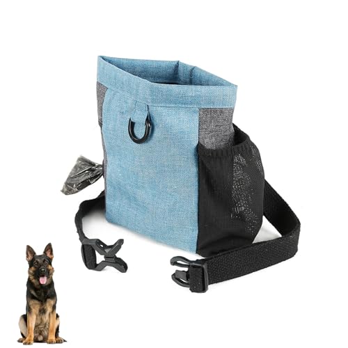 BWLEANSY Magnetfunktion Futterbeutel für Hunde,Hund Leckerlitasche Wasserdicht,Hunde Leckerlitasche mit Einstellbar Bund & Kotasche Öffnung,tragbare Leckerli-Tasche für das Training (Blau) von BWLEANSY