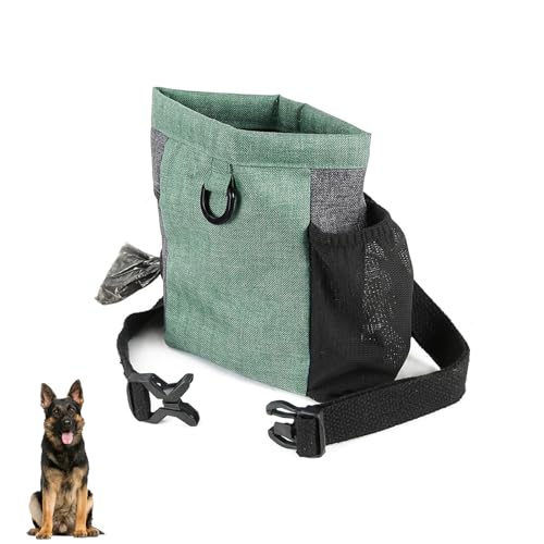 BWLEANSY Magnetfunktion Futterbeutel für Hunde,Hund Leckerlitasche Wasserdicht,Hunde Leckerlitasche mit Einstellbar Bund & Kotasche Öffnung,tragbare Leckerli-Tasche für das Training (Grün) von BWLEANSY