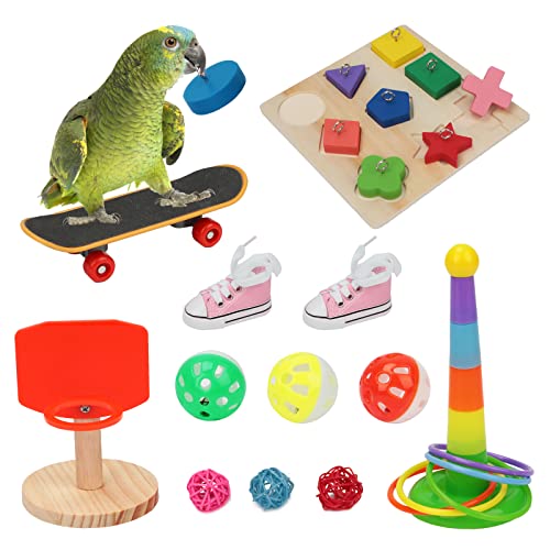 BWOGUE 12 x Vogel-Trainingsspielzeug für Papageien, Intelligenzspielzeug, Mini-Sneaker, Skateboard, Papageien, Holzblock, Puzzle, Spielzeug, Vogel, Basketball, Spielzeug, Stapelringe für von BWOGUE