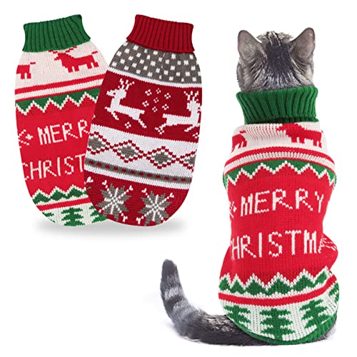 BWOGUE 2 Packungen Katze Weihnachten Pullover Weihnachten Hund Pullover Haustier Katze Winter Strickwaren Warme Kleidung Haustier Rentier Schneeflocke Frohe Weihnachten Haustier Pullover für Kätzchen von BWOGUE