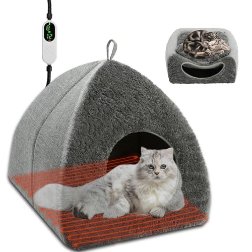 BWOGUE Beheiztes Katzenbett für den Innenbereich, 2-in-1 beheiztes Katzenhöhlenbett mit Temperatureinstellung und Timer, wärmendes Katzenbett, Thermo-Haustiernest für Hauskatzen, alte Katzen, 42 x 40 von BWOGUE