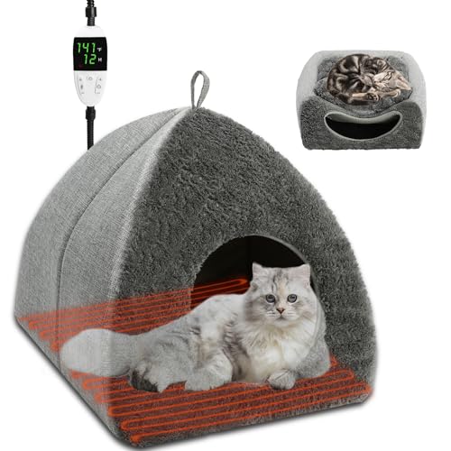 BWOGUE Beheiztes Katzenbett für den Innenbereich, 2-in-1 beheiztes Katzenhöhlenbett mit einstellbarer Temperatur und Timer, wärmendes Katzenbett, Thermo-Haustiernest für Hauskatzen, alte Katzen, 42 x von BWOGUE