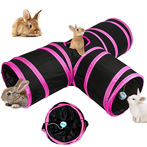 BWOGUE Bunny Tunnels und Röhren, zusammenklappbar, 3-Wege-Hasenversteck Beschäftigung für Kleintiere, Spielzeug für Zwergkaninchen und Meerschweinchen von BWOGUE