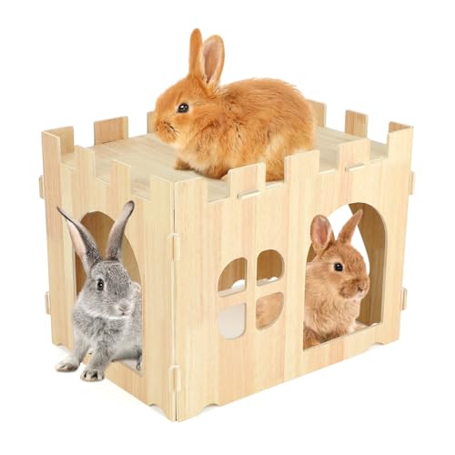 BWOGUE Großes Kaninchenhaus aus Holz und Verstecke, Hasenschloss, abnehmbar, Kleintier-Spielversteck für Kaninchen, Meerschweinchen, Chinchilla, Habitat von BWOGUE