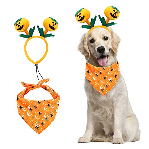 BWOGUE Hund Kürbis Stirnband & Kürbis Bandana Set Haustiere Outfits Cosplay Dress Up Kostüm Halloween Haustiere Zubehör Dekoration für mittelgroße große Hunde von BWOGUE