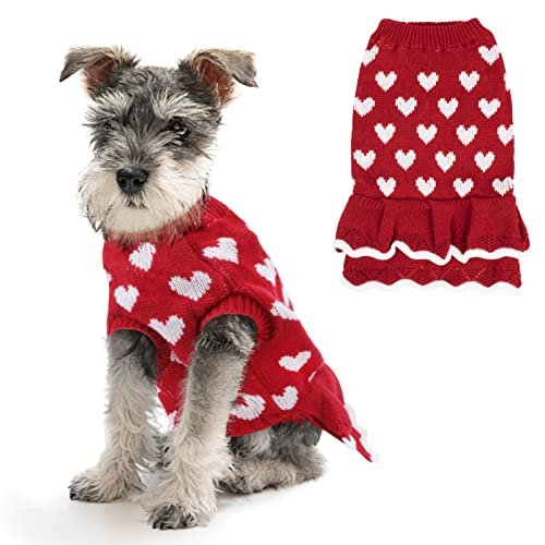 BWOGUE Kleiner Hund Pullover Kleid Winter Warm Hund Prinzessin Kleid für Weibliche Mädchen Rotes Herz Welpenkleid Hundepullover Strickwaren Haustier Pullover Kleidung für Dackel Chihuahua Kleine Mittlere Hunde von BWOGUE