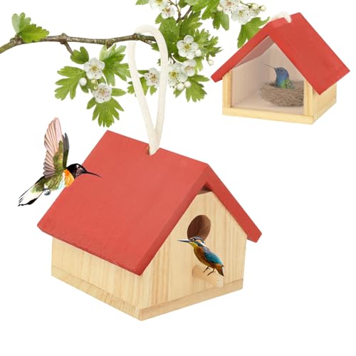 BWOGUE Kolibri-Häuser für den Außenbereich, transparentes Kolibri-Nisthaus aus Holz, hängendes Vogelhaus mit Hanfseilen und rotem Dach für Innen- und Außenbereich, Garten, Heimdekoration von BWOGUE