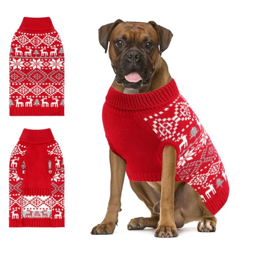 BWOGUE Weihnachtspullover für Hunde, Größe XL, Schneeflocke, Rentier, Rollkragenpullover mit Loch für die Leine, Strickpullover für extra große Hunde (2XL) von BWOGUE