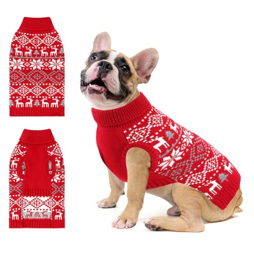 BWOGUE Weihnachtspullover für Hunde, Schneeflocke, Rentier, Rollkragenpullover mit Loch für die Leine, Strickpullover für Welpen, kleine Hunde, Größe S von BWOGUE