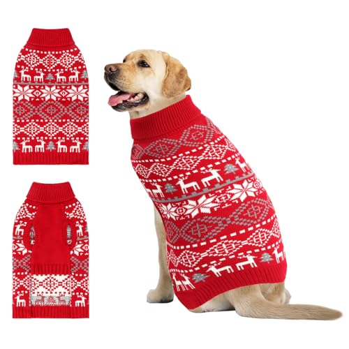 BWOGUE Weihnachtspullover für große Hunde, Schneeflocke, Rentier, Rollkragenpullover mit Loch für die Leine, Strickpullover für mittelgroße Hunde, große Hunde (L) von BWOGUE