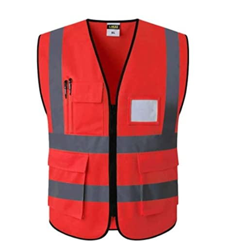 BWUHDKS Warnwesten, Reflektorjacke, Bauweste, gut sichtbar, reflektierende und atmungsaktive Arbeitskleidung mit Taschen und Reißverschlüssen, Bauweste (Rot, XXL)(Rot,XXL) von BWUHDKS