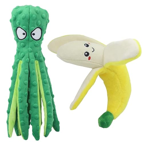 2 Stück Plüsch Quietschspielzeug Hundespielzeug,Gefüllte Oktopus Igel Frucht Plüschtiere Kauen Sound Fun Crinkle Plüschspielzeug Interaktives Spielzeug Kauspielzeug für kleine mittelgroße Hunde von BYNYXI