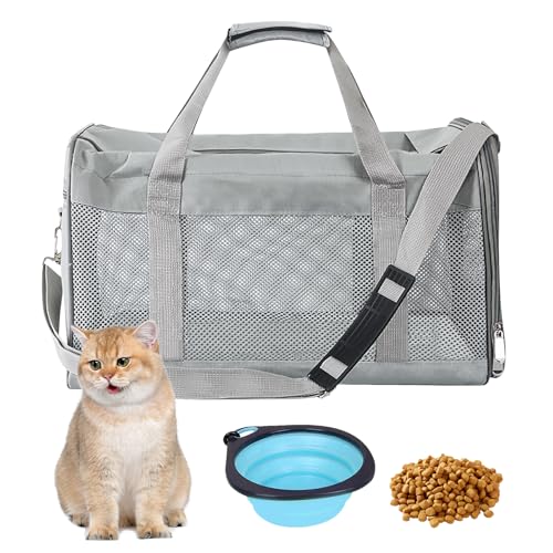 BYZESTY Transportbox Katze Hund Katzentransportbox Hundebox Faltbar Hundetransportbox Katzen Transportboxen Hundetasche Katzenbox Katzentransporttasche Inkl. Hundenapf, 42 x 27 x 28 cm (Grau) von BYZESTY