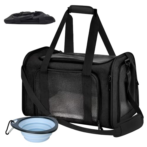 BYZESTY Transportbox Katze Hund Katzentransportbox Hundebox Faltbar Hundetransportbox Katzen Transportboxen Hundetasche Katzenbox Katzentransporttasche Inkl. Hundenapf, 42 x 27 x 28 cm (Schwarz 2) von BYZESTY